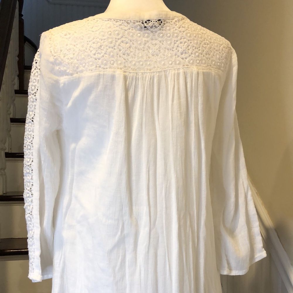 LUCKY BRAND Fully Lined White Crochet Long Sleeve Tunic w Tassels Sz Small - Picture 7 of 16